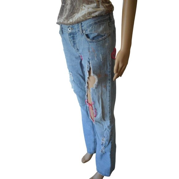Vintage y2k Taunt Womens Distressed Light Blue Denim Jeans Pink Accents Size 7L - Picture 3 of 14